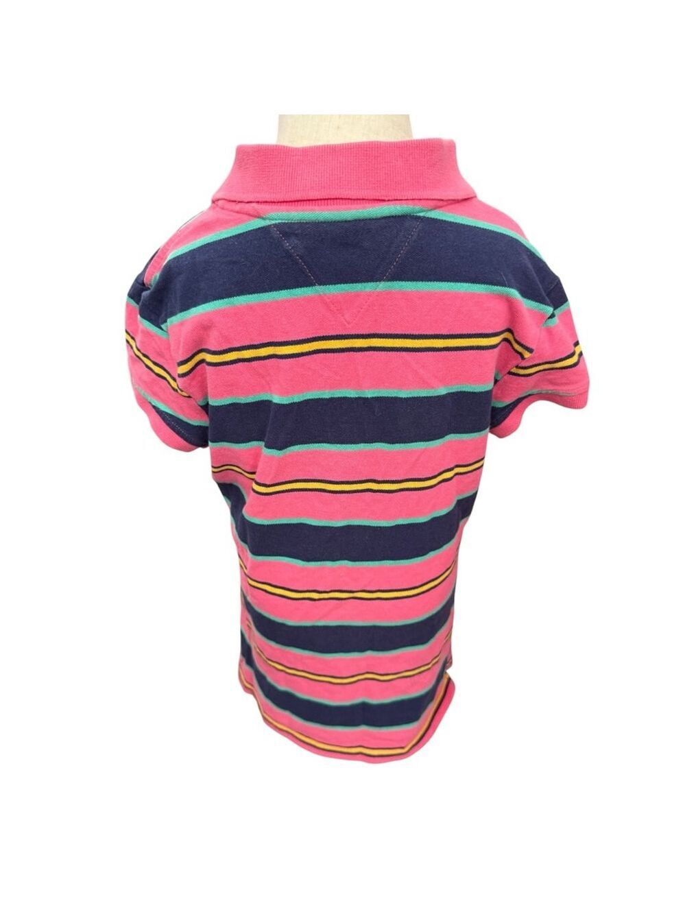 Tommy Hilfiger Girls Polo Shirt Large Pink Navy Stripes Cotton - Picture 3 of 4